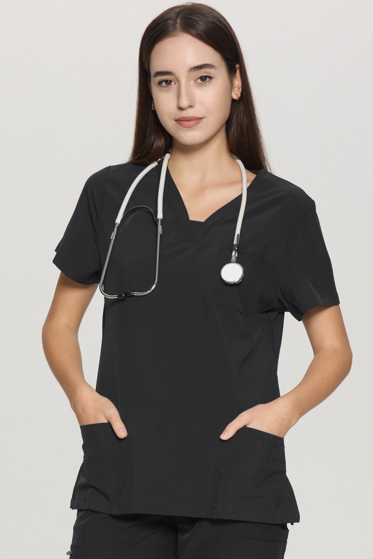 COZYFIT Slim Fit V-Neck Collar Patch Women Scrub Tops with 3 Pockets