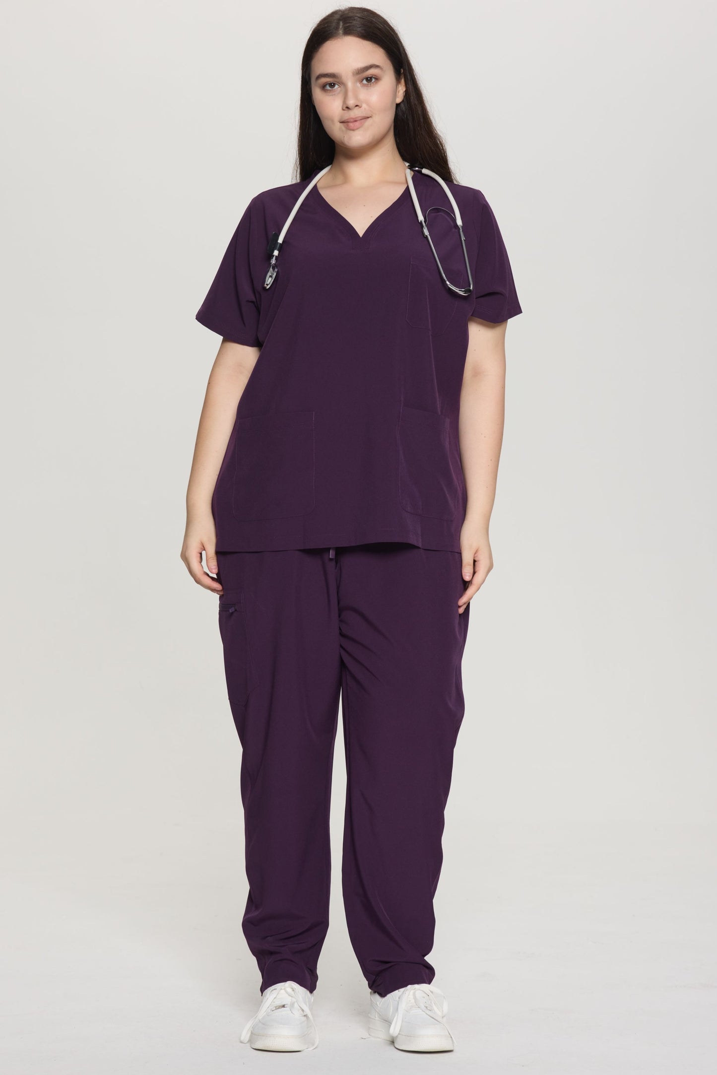 COZYFIT Curved V-Neck Scrub Top & Jogger Pants with 8 Pockets Scrub Sets