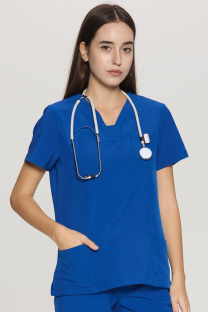 Women's Slim-Fit V-Neck Collar-Patch Scrub Top, Royal Blue, Model Front View