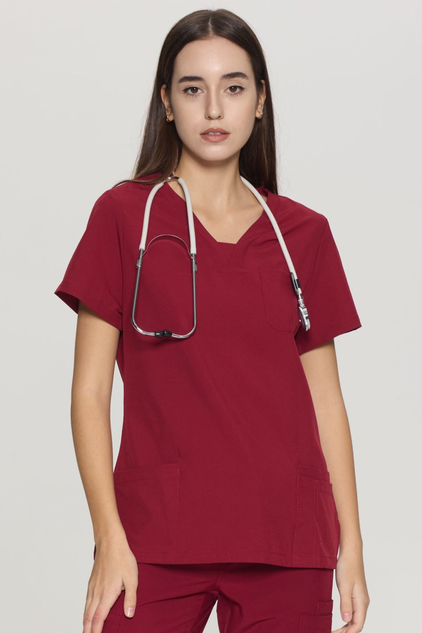 COZYFIT Slim Fit V-Neck Collar Patch Women Scrub Tops with 3 Pockets