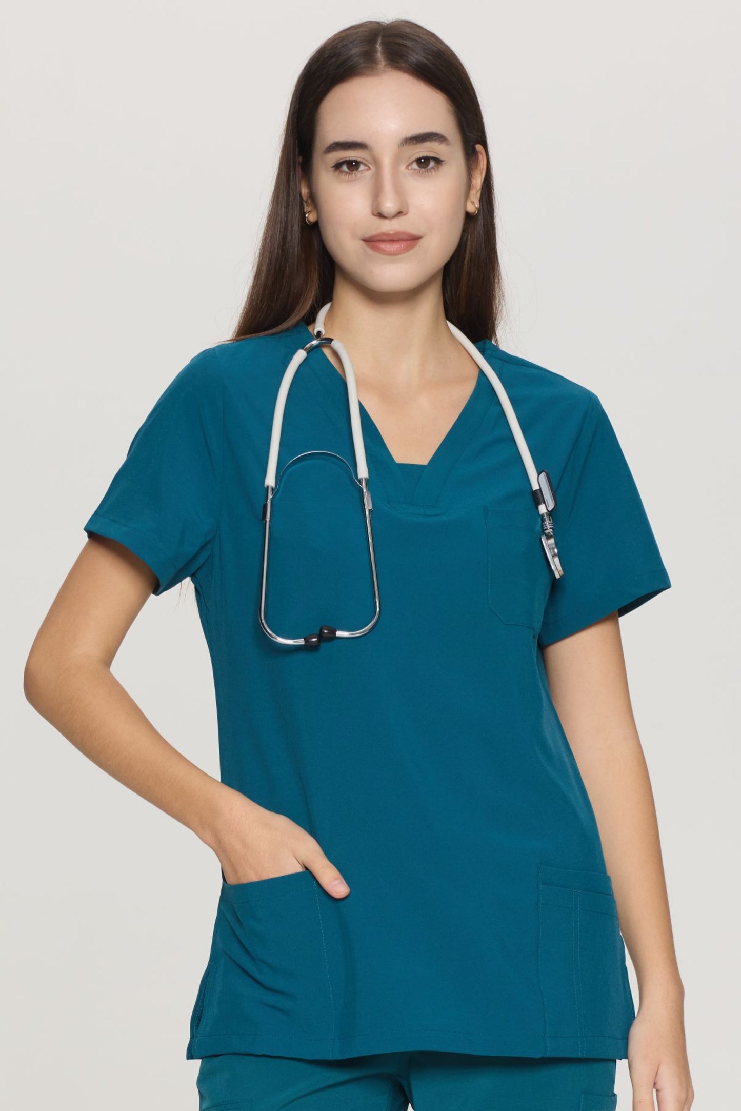 COZYFIT Slim Fit V-Neck Collar Patch Women Scrub Tops with 3 Pockets