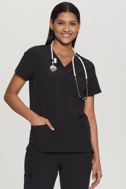 Women's 3-Pocket V-Neck Scrub Top, Black, Model Front View