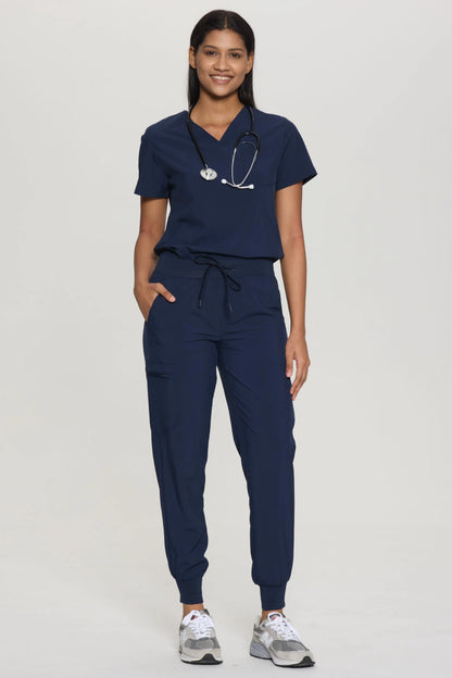 Women's 8-Pocket V-Neck Jogger Scrub Set, Navy Blue, Three-Quarter View