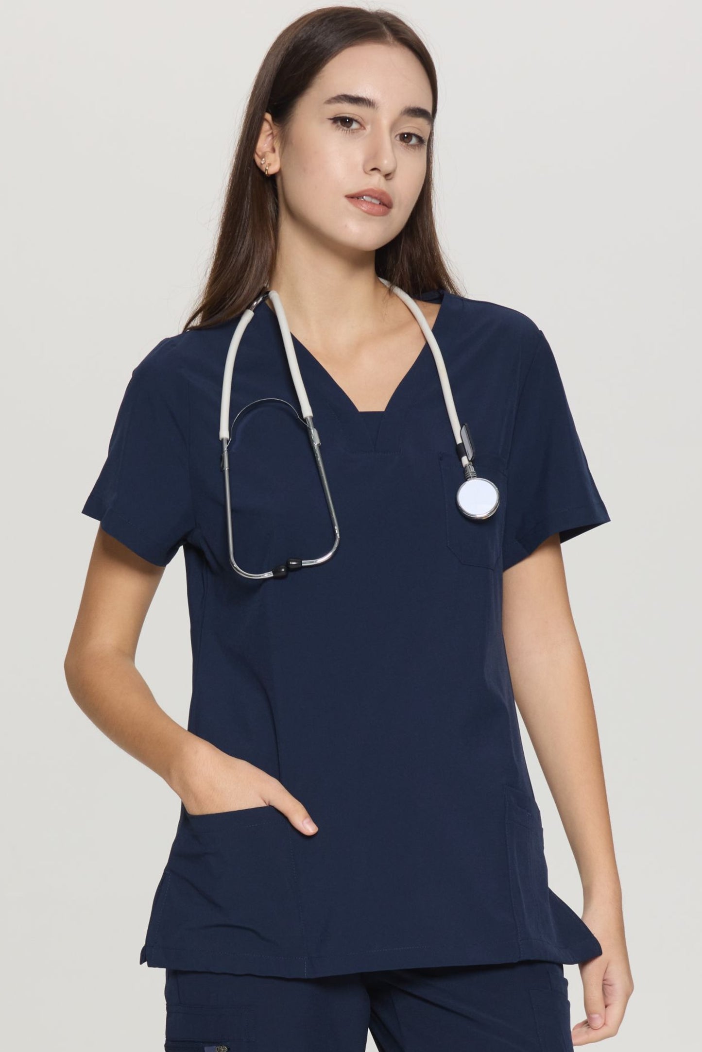 COZYFIT Slim Fit V-Neck Collar Patch Women Scrub Tops with 3 Pockets