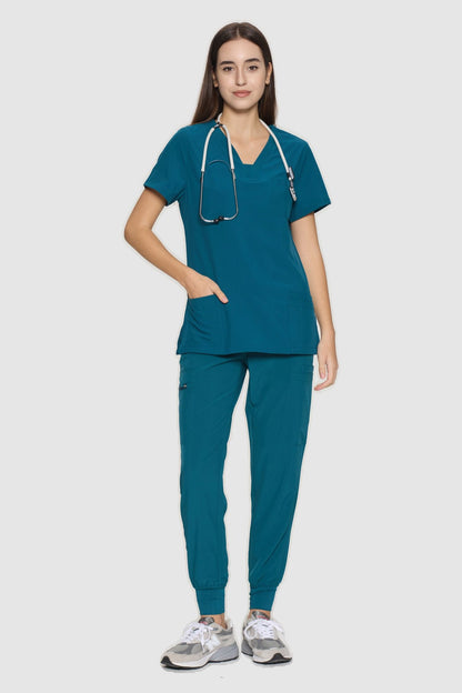Women's 10-Pocket V-Neck Cargo Scrub Set, Caribbean Blue, Model Front View