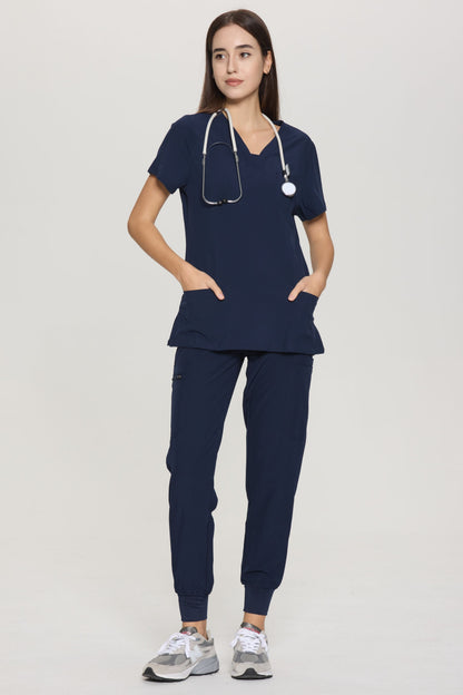 Women's 10-Pocket V-Neck Cargo Scrub Set, Navy Blue, Full-Length Front View