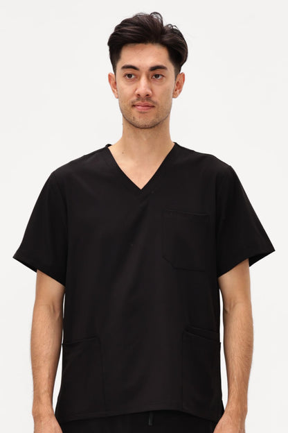 Men's 3-Pocket V-Neck Scrub Top, Black, Model Front View