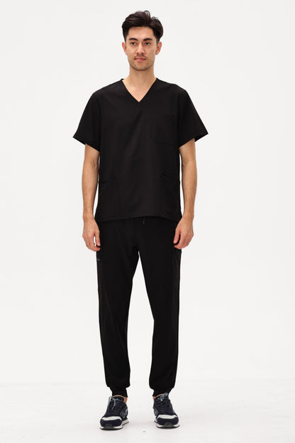 Men's 11-Pocket V-Neck Jogger Scrub Set, Black, Full-Length Front View