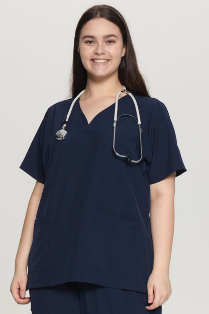 Women's Curved V-Neck 3-Pocket Scrub Top, Navy Blue, Model Front View
