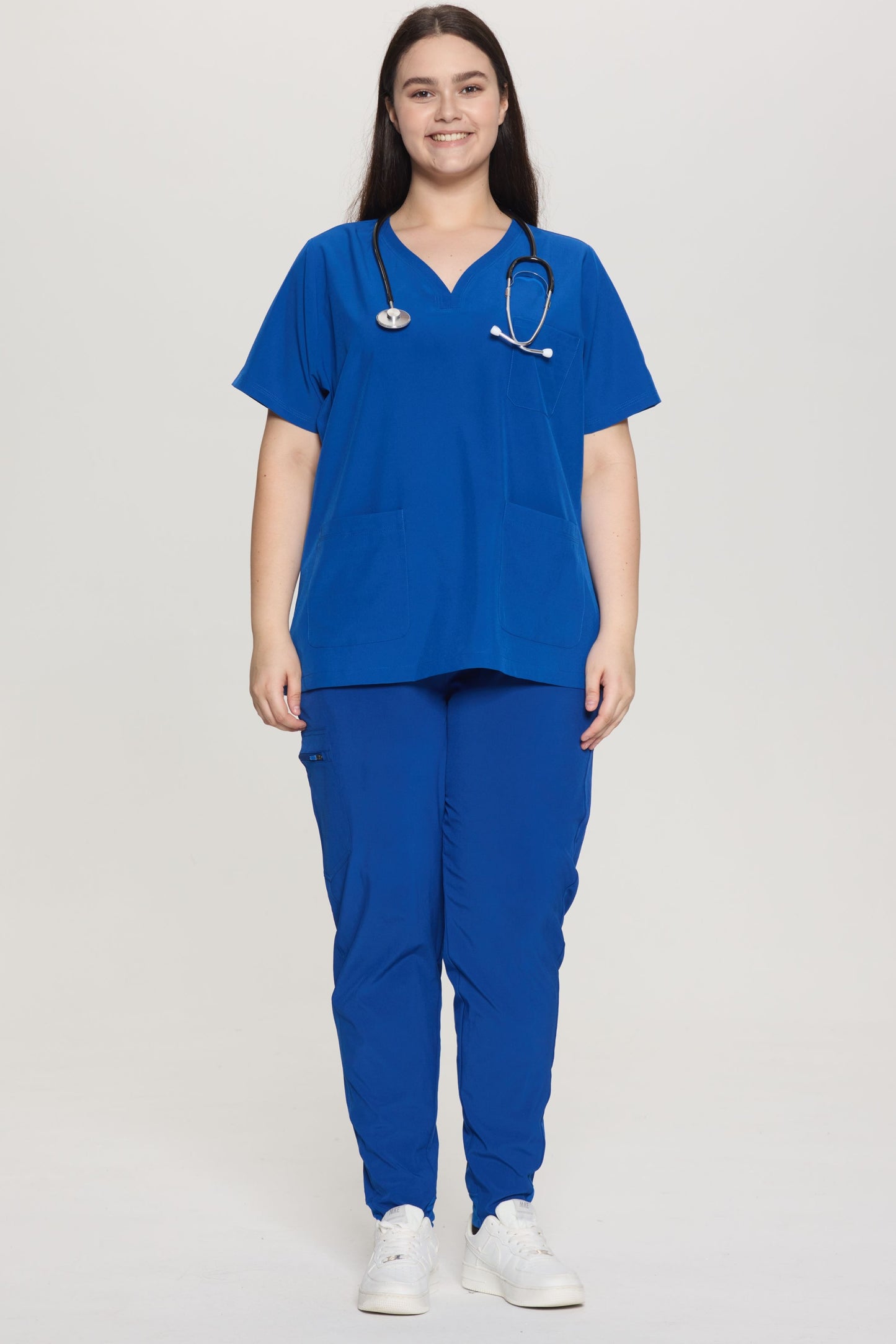 COZYFIT Curved V-Neck Scrub Top & Jogger Pants with 8 Pockets Scrub Sets