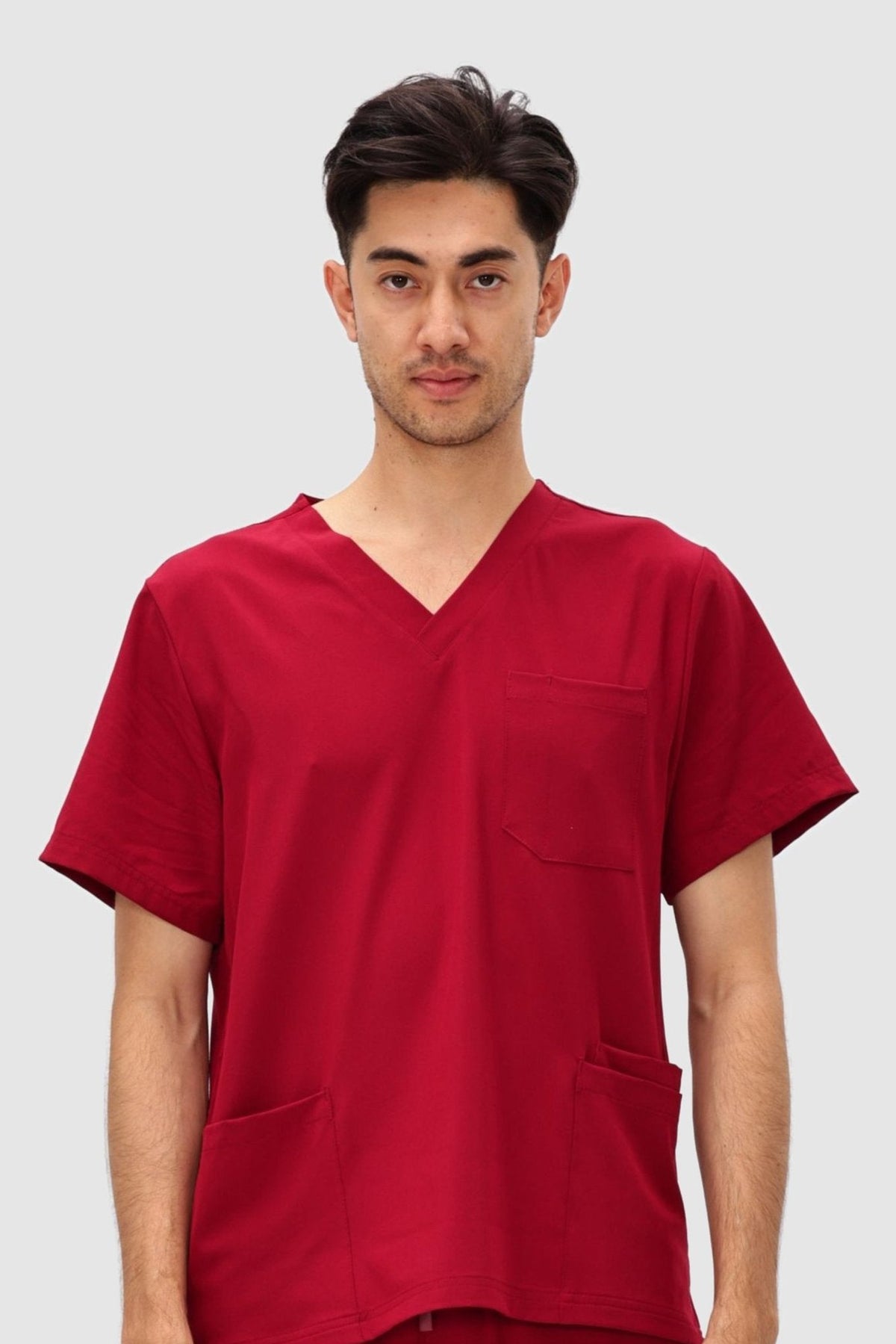 Men's 3-Pocket V-Neck Scrub Top, Burgundy, Model Front View