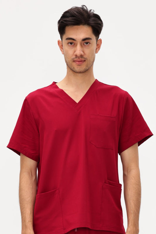 Men's 3-Pocket V-Neck Scrub Top, Burgundy, Model Front View