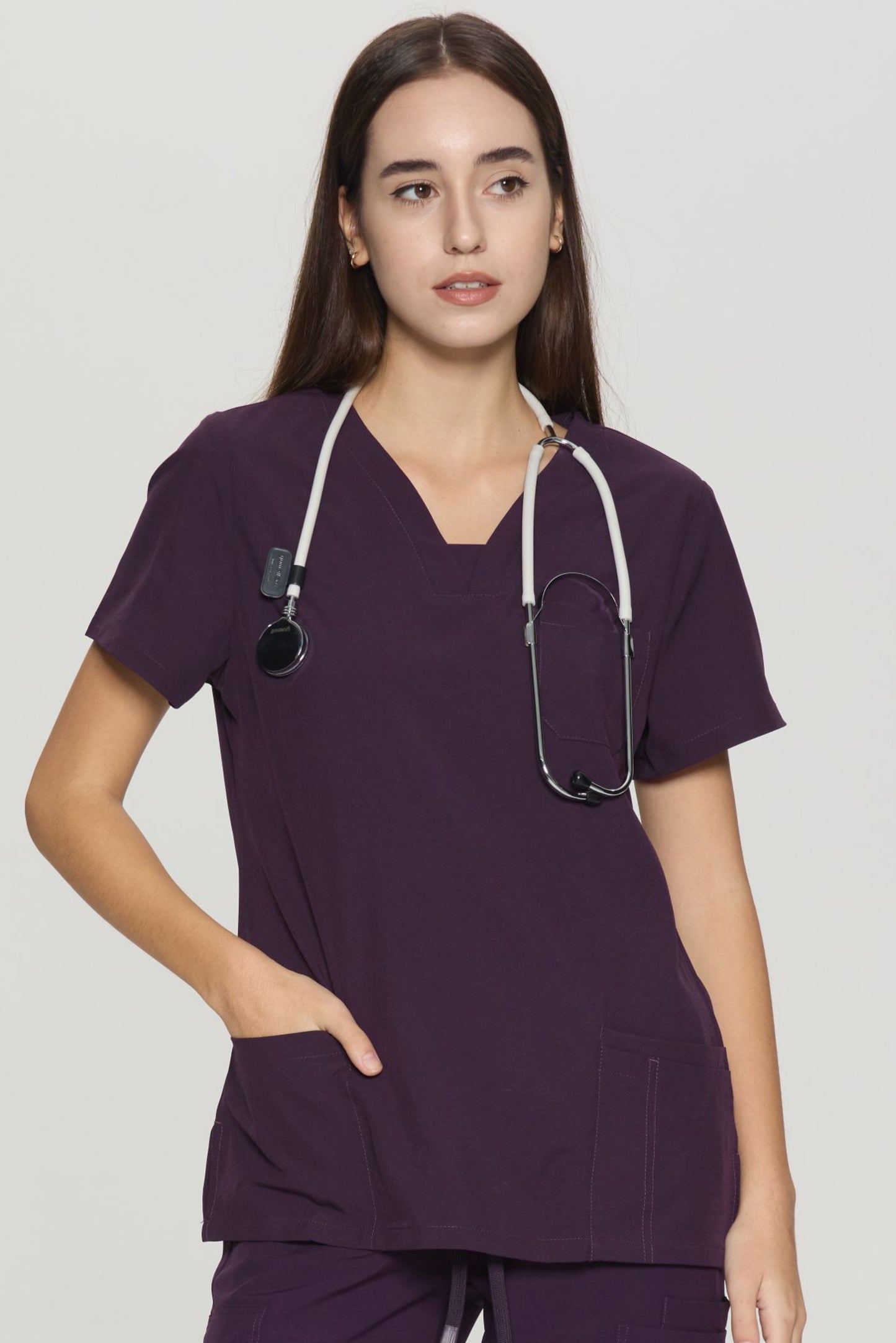 COZYFIT Slim Fit V-Neck Collar Patch Women Scrub Tops with 3 Pockets