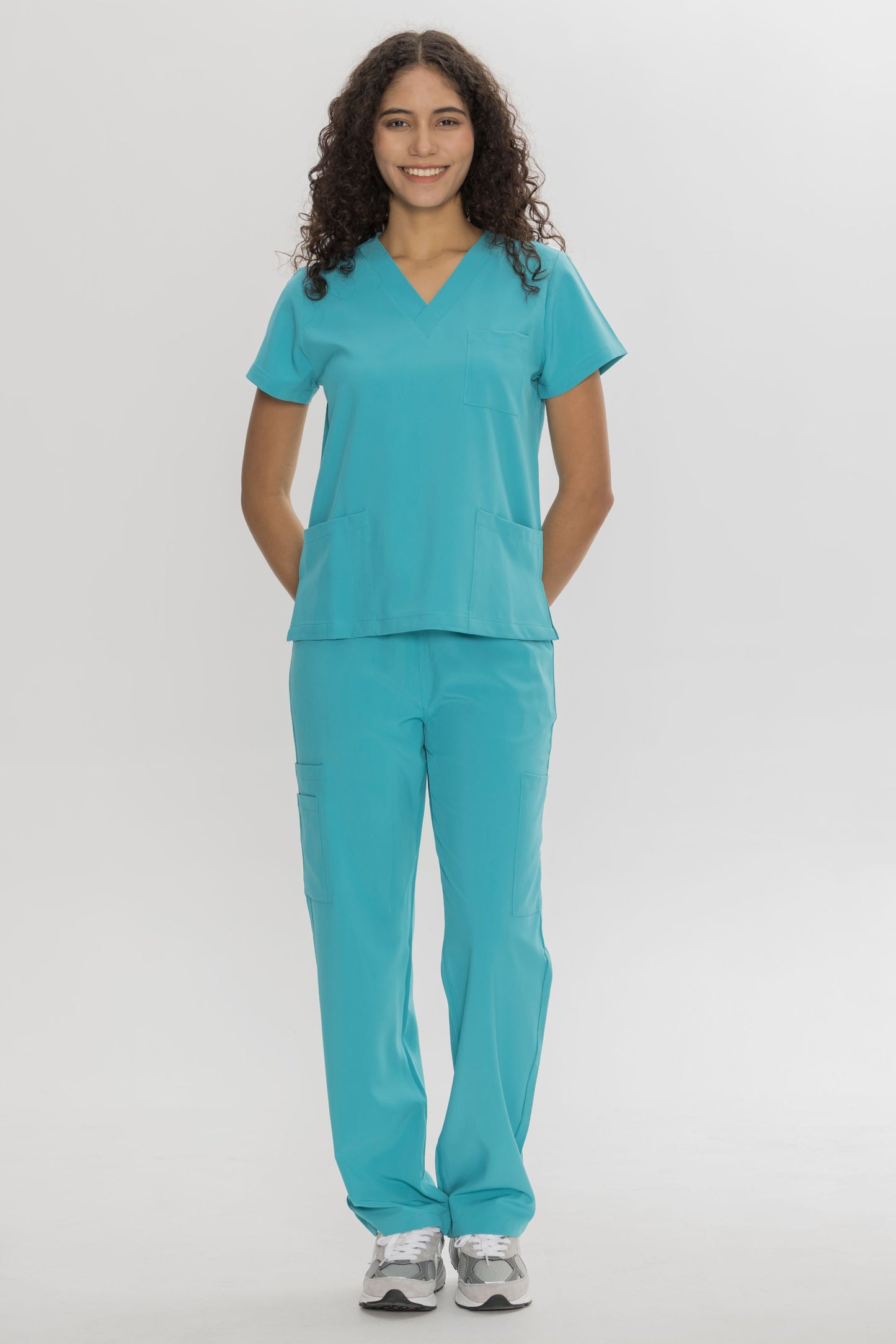 COZYFIT  V-Neck Scrub Top & Straight Leg Pants with 9 Pockets