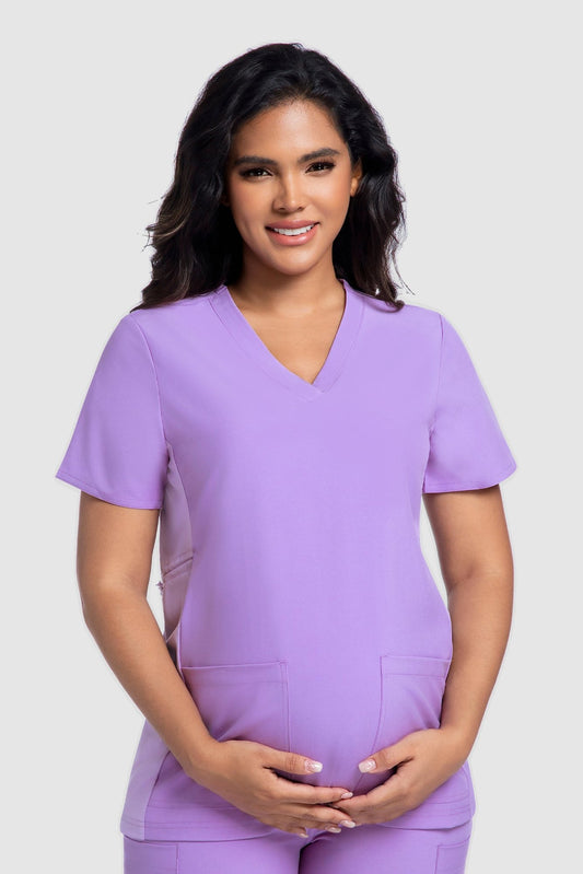 Women's Maternity V-Neck Scrub Top, Light Purple, Model Front View