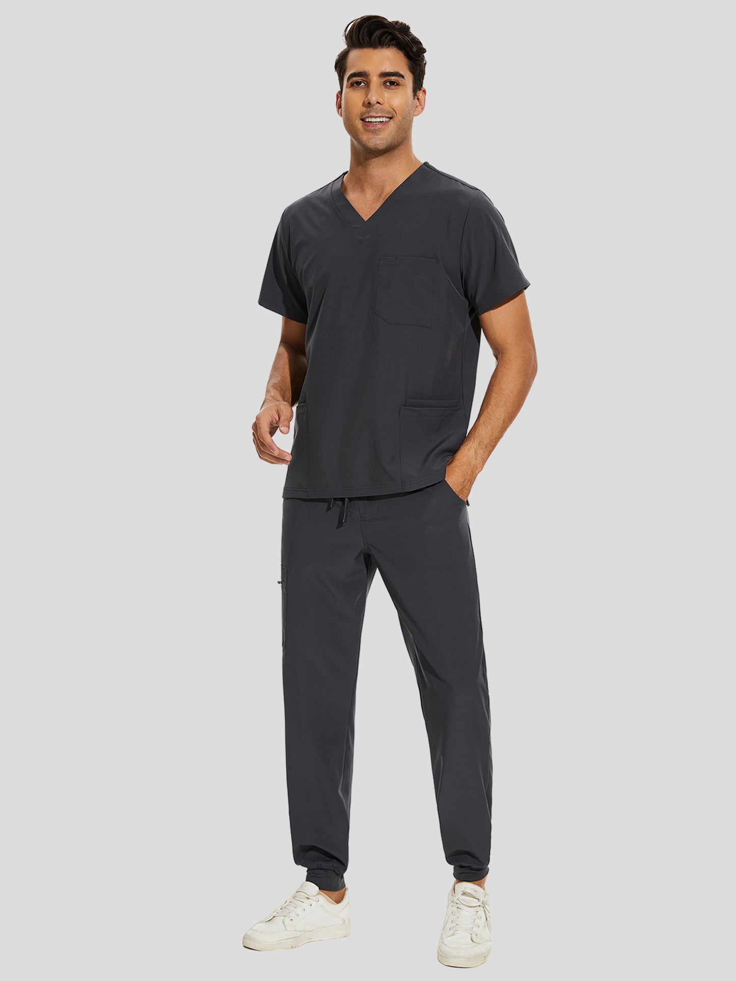 COZYFIT V-Neck Scrub Top & Jogger Pant with 8 Pockets, Yoga Waistband, Anti-Wrinkle Scrubs for Men