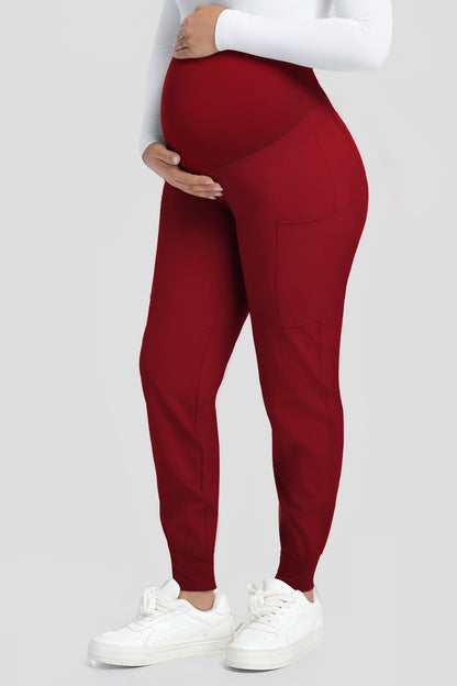 Women's Maternity Scrub Pants, Burgundy, Belly Panel Detail