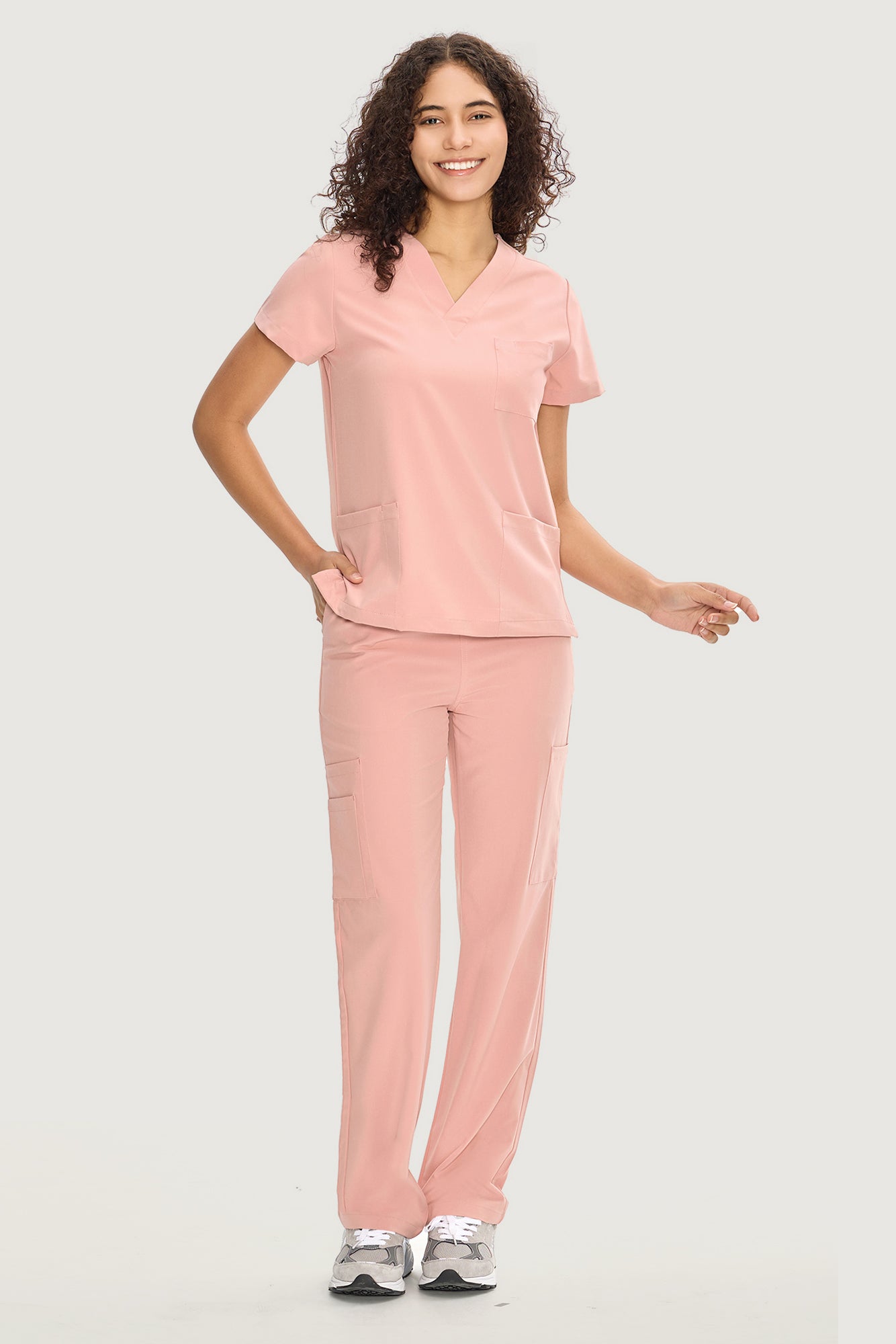 COZYFIT  V-Neck Scrub Top & Straight Leg Pants with 9 Pockets