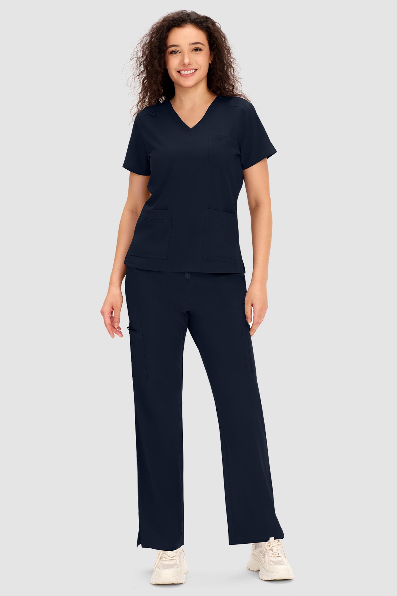 COZYFIT Scrubs for Women - V Neck Top and Bootcut Cargo Straight Pants with 12 Pockets