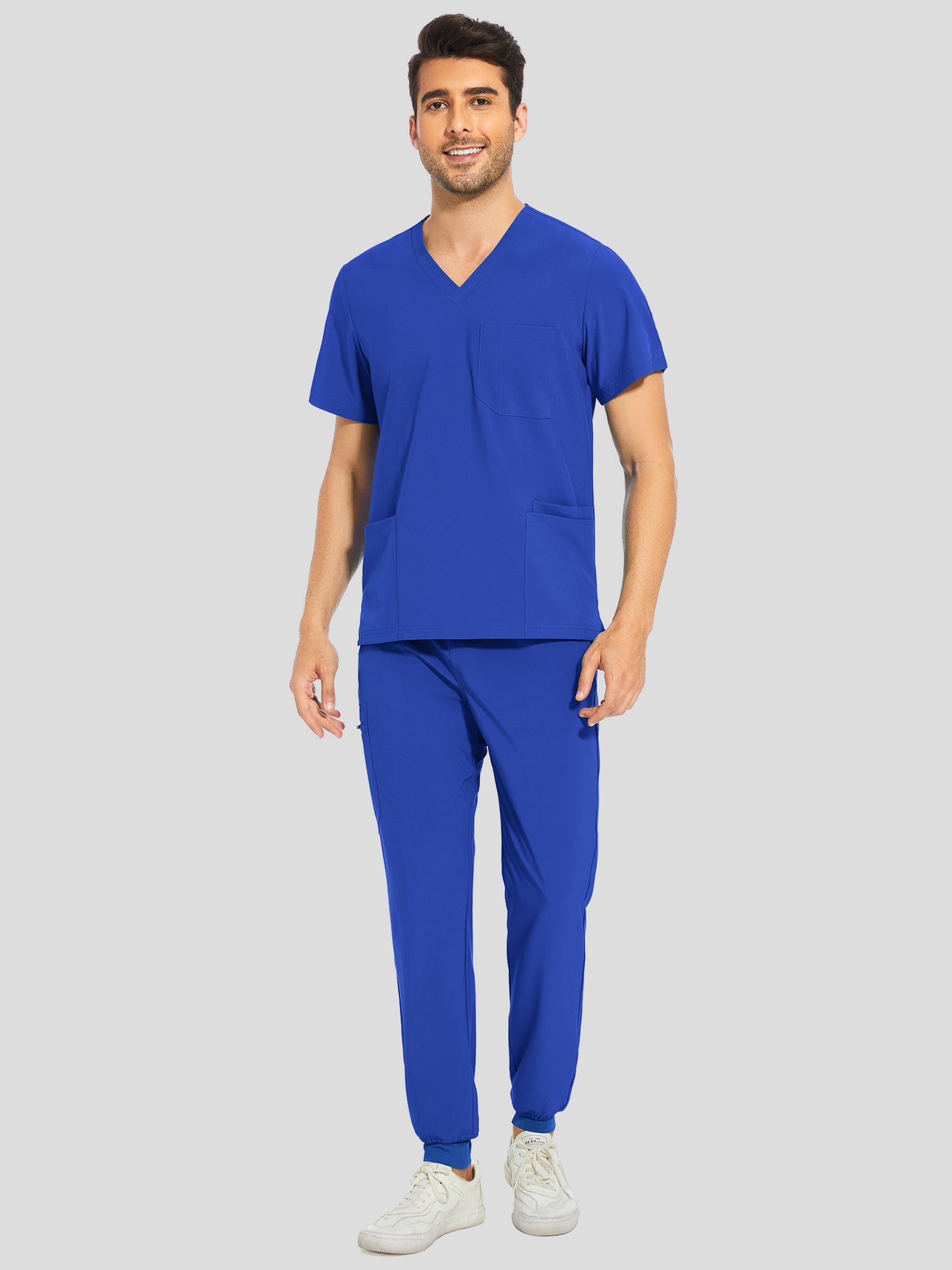 COZYFIT V-Neck Scrub Top & Jogger Pant with 8 Pockets, Yoga Waistband, Anti-Wrinkle Scrubs for Men