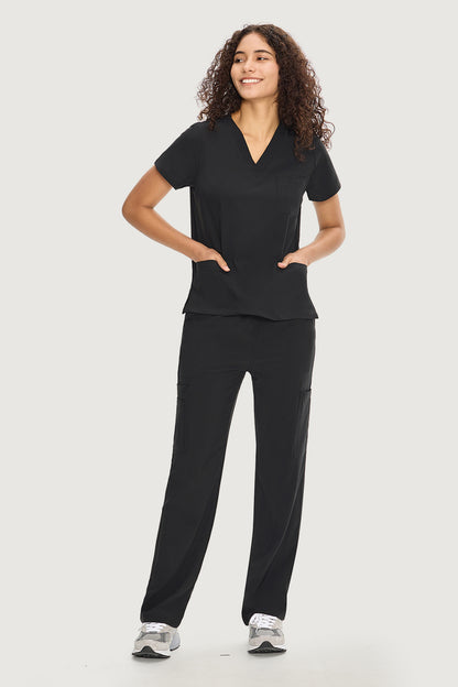 Women's 9-Pocket V-Neck Scrub Set, Black, Model Front View