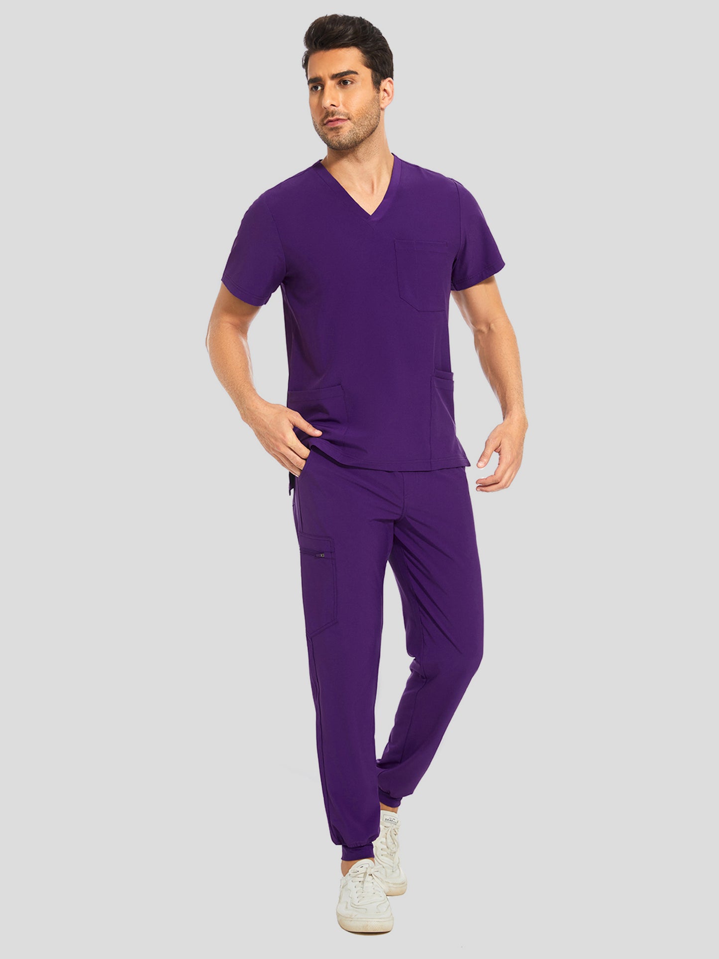 COZYFIT V-Neck Scrub Top & Jogger Pant with 8 Pockets, Yoga Waistband, Anti-Wrinkle Scrubs for Men