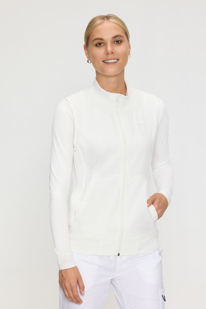 Women's 3-Pocket Scrub Vest, White, Model Front View