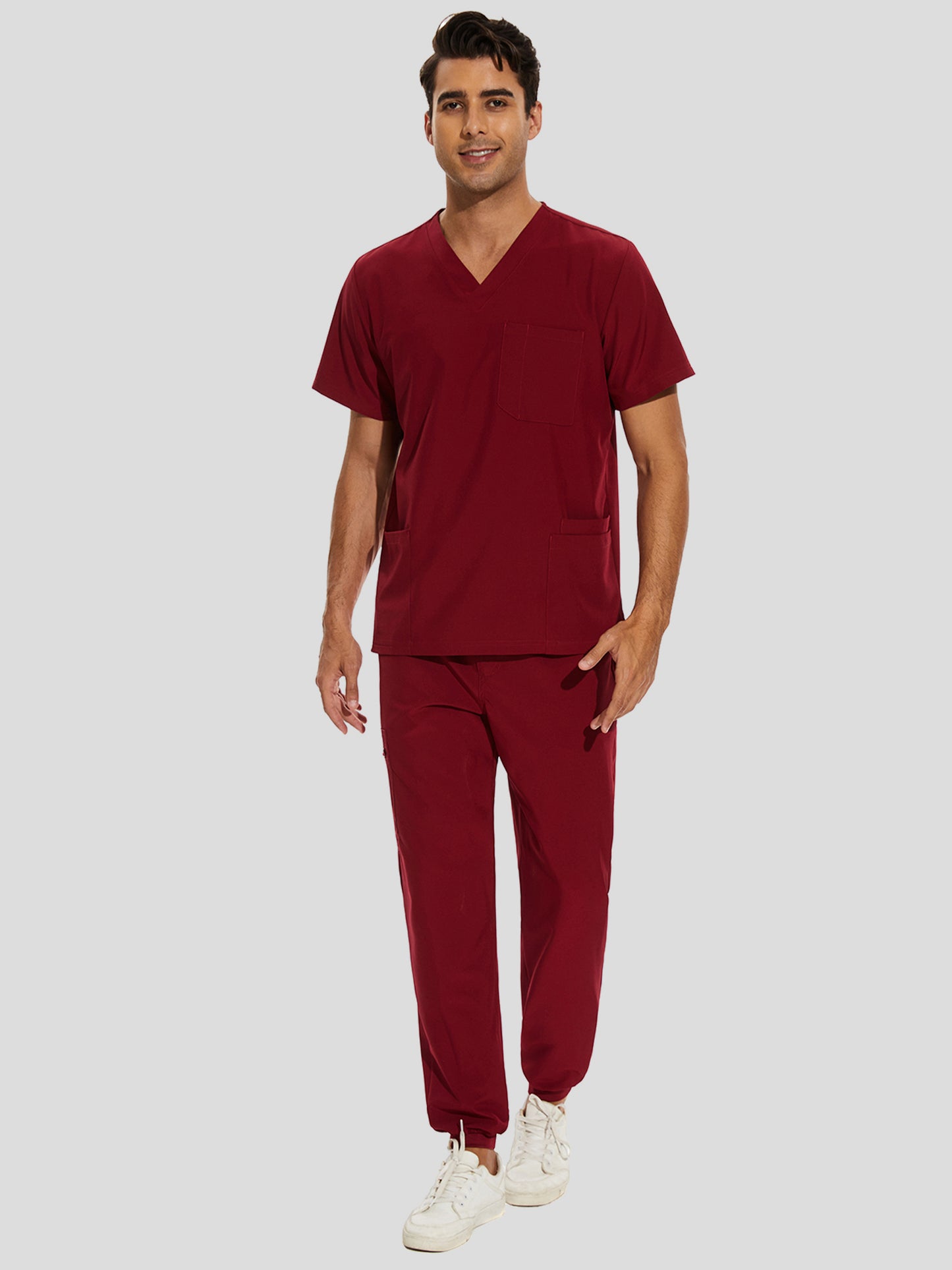 COZYFIT V-Neck Scrub Top & Jogger Pant with 8 Pockets, Yoga Waistband, Anti-Wrinkle Scrubs for Men