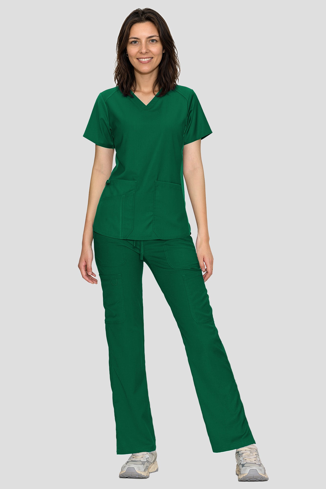 Scrubs for Women Set, V-Neck Top & Straight Leg Cargo Pants. 9 Pockets. Side Ribbed Panels, Side Slits, Ultra-Soft Stretch Fabric, Breathable Medical Uniform for Workwear