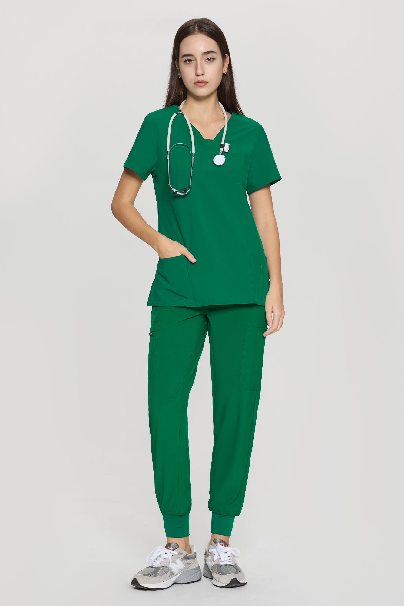 COZYFIT V-Neck Collar Patch Scrub Top & Cargo Pants with 10 Pockets
