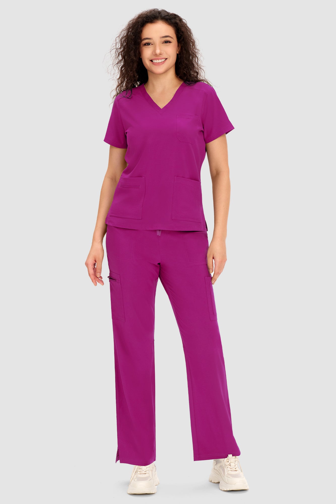 COZYFIT Scrubs for Women - V Neck Top and Bootcut Cargo Straight Pants with 12 Pockets