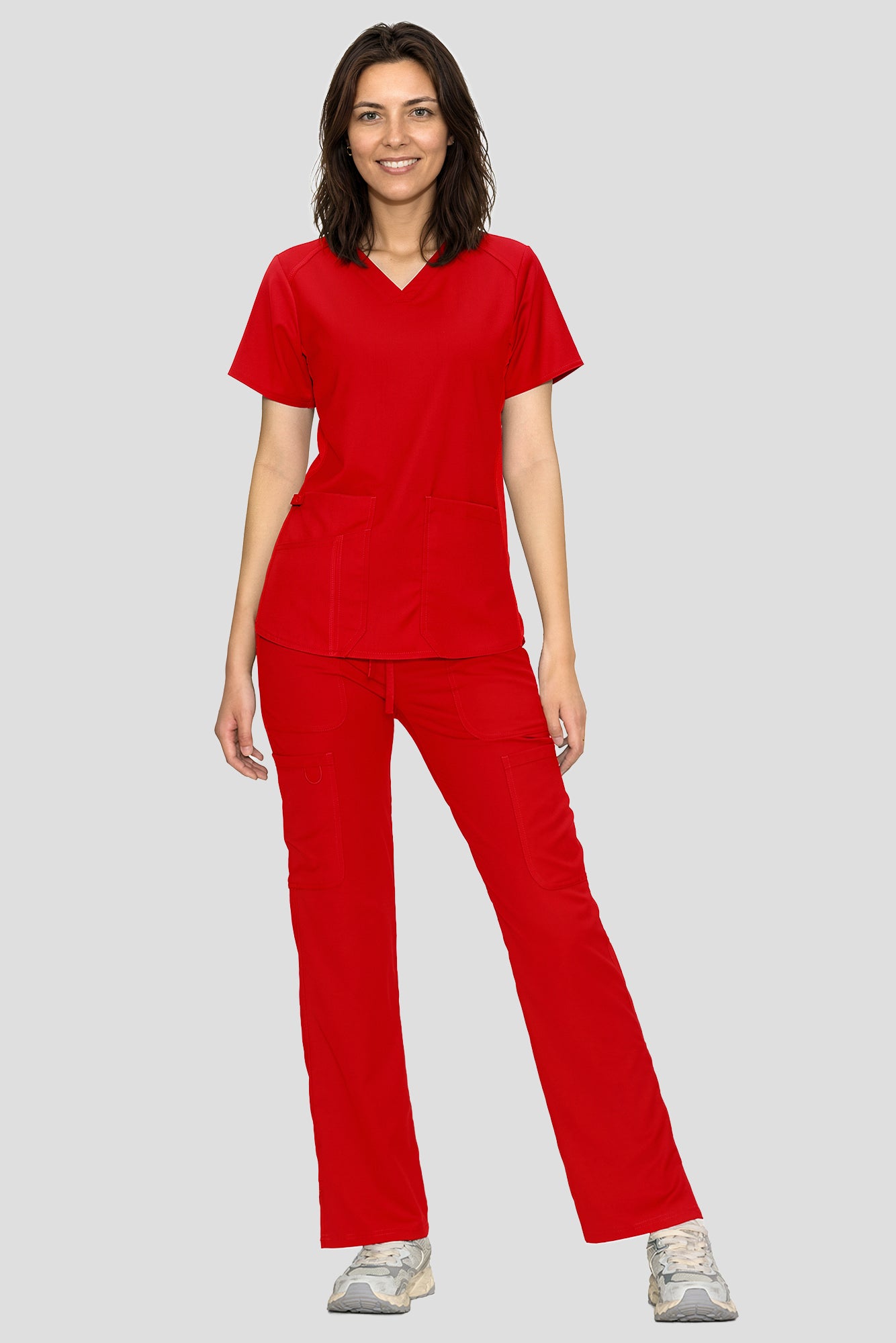 Scrubs for Women Set, V-Neck Top & Straight Leg Cargo Pants. 9 Pockets. Side Ribbed Panels, Side Slits, Ultra-Soft Stretch Fabric, Breathable Medical Uniform for Workwear