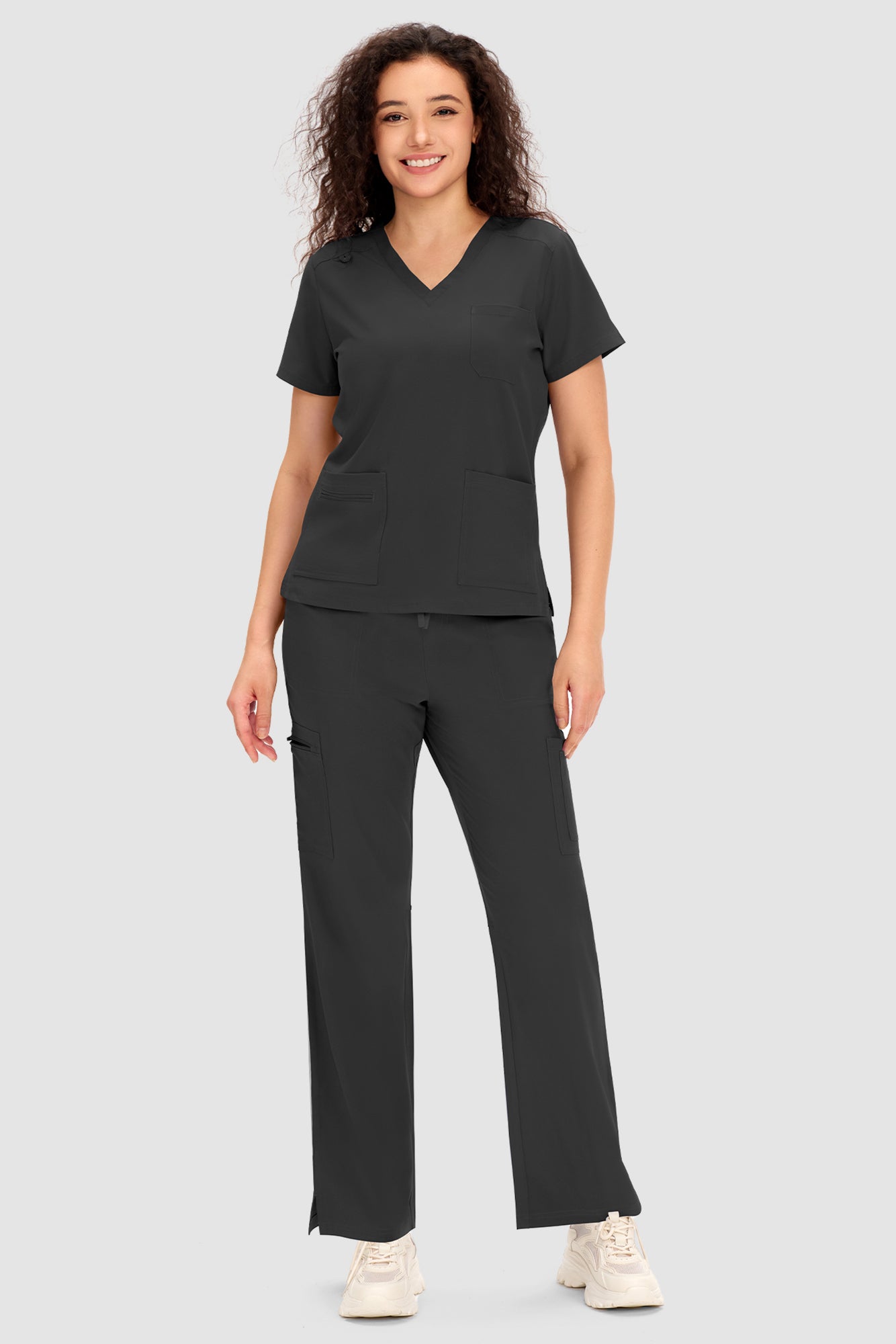 COZYFIT Scrubs for Women - V Neck Top and Bootcut Cargo Straight Pants with 12 Pockets