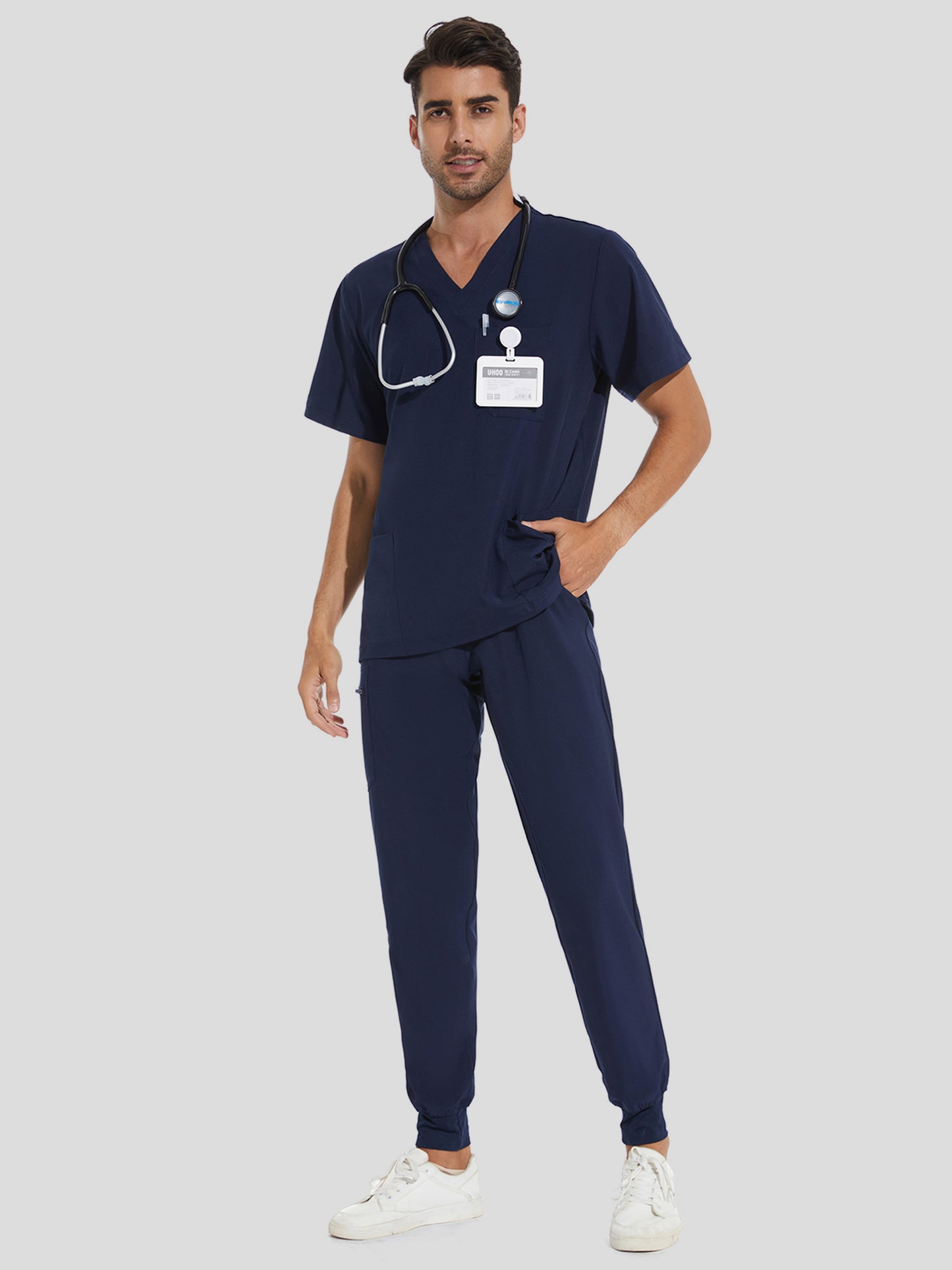 COZYFIT V-Neck Scrub Top & Jogger Pant with 8 Pockets, Yoga Waistband, Anti-Wrinkle Scrubs for Men