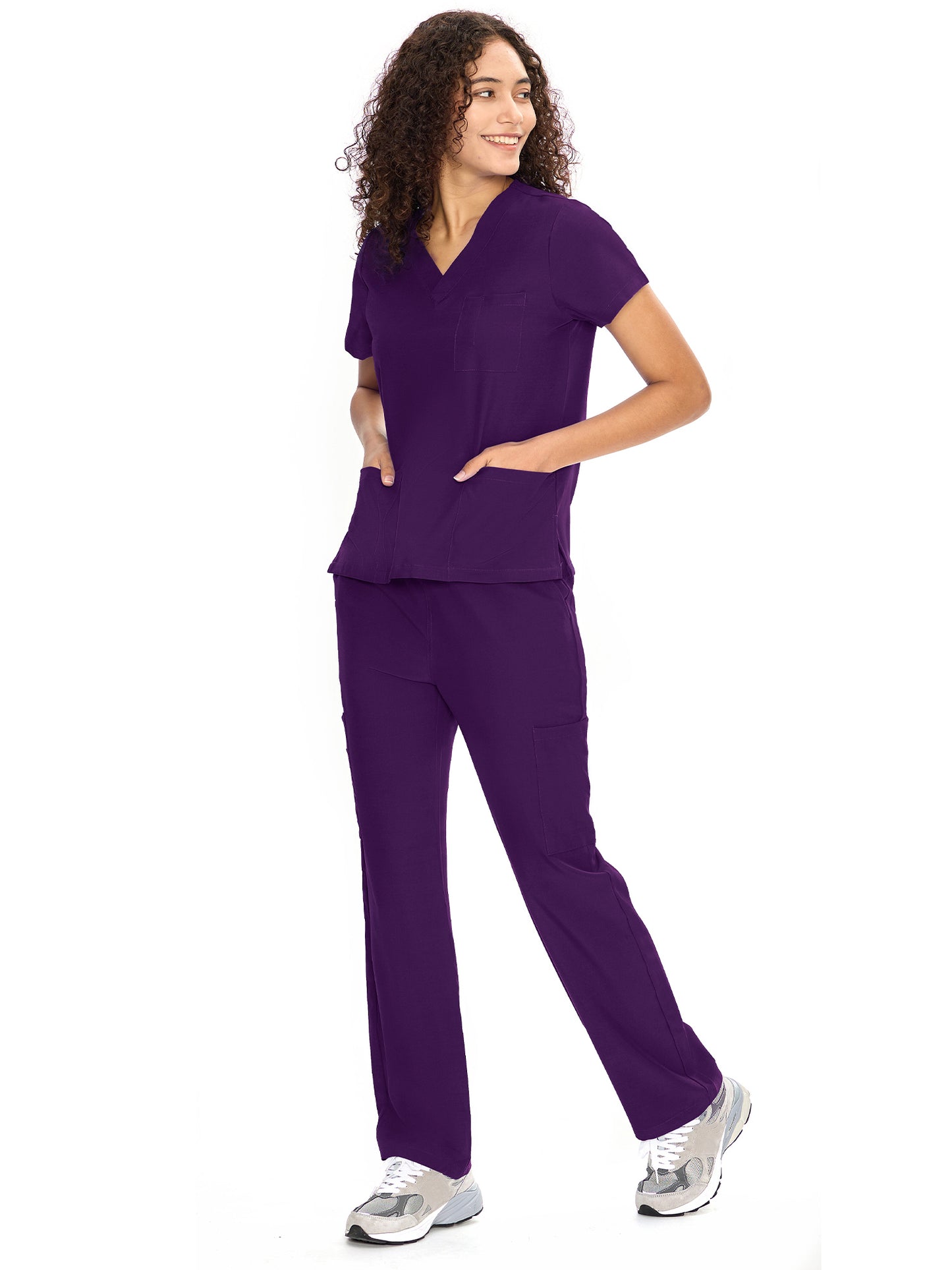 COZYFIT  V-Neck Scrub Top & Straight Leg Pants with 9 Pockets