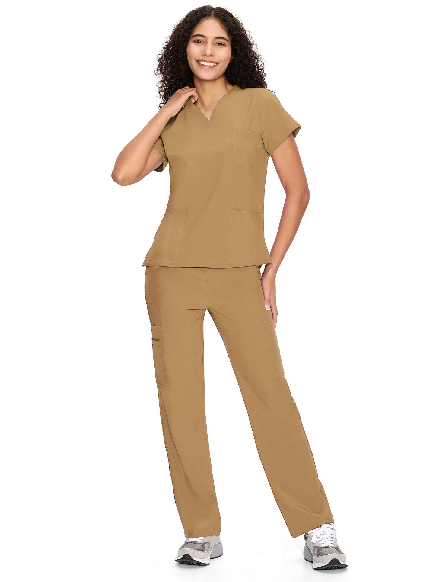 COZYFIT  V-Neck Scrub Top & Straight Leg Pants with 9 Pockets