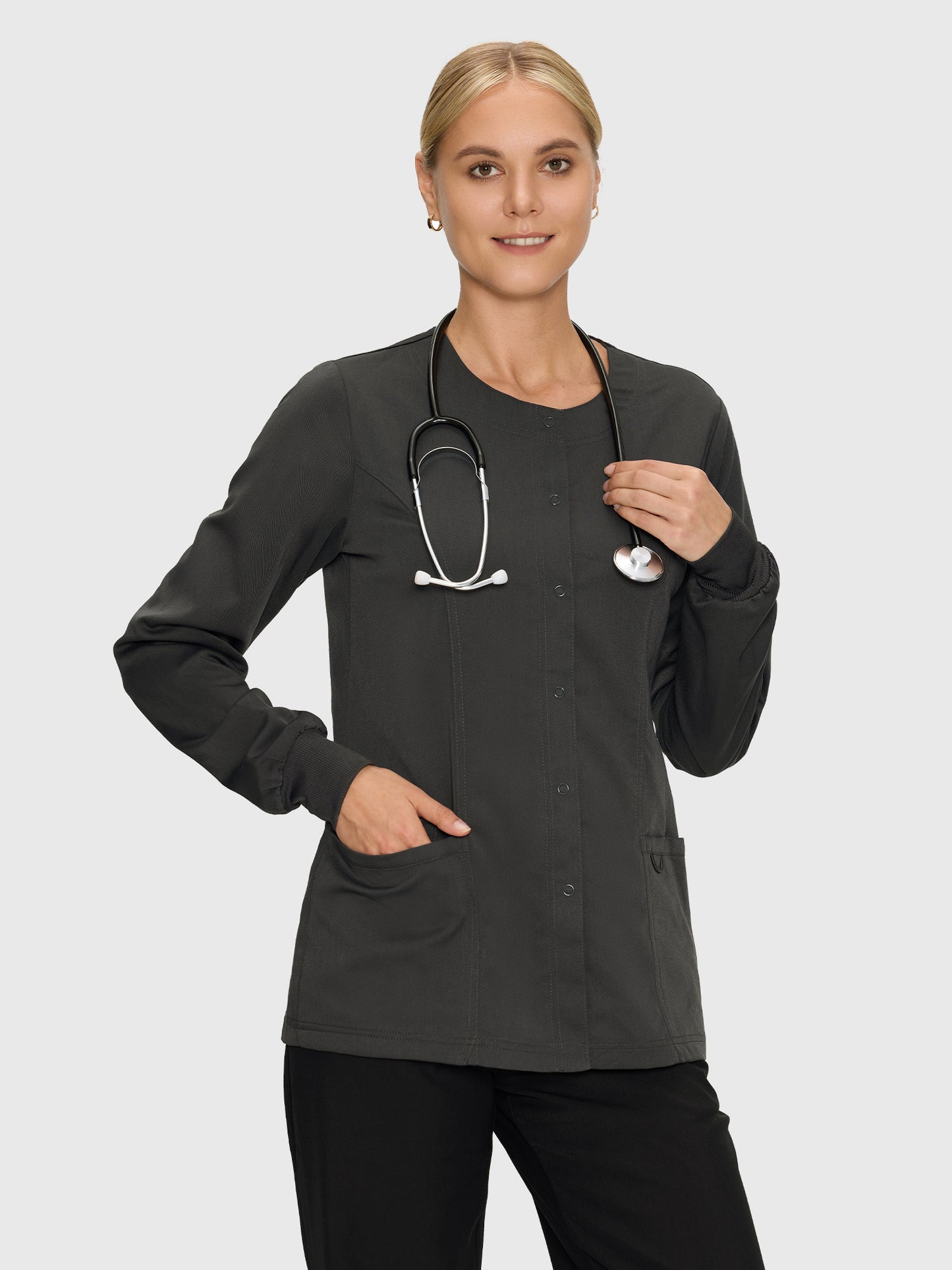 Scrub Jackets for Woman, Snap Front Nurse Jacket with 3 Pockets, Easy Care Soft Fabric