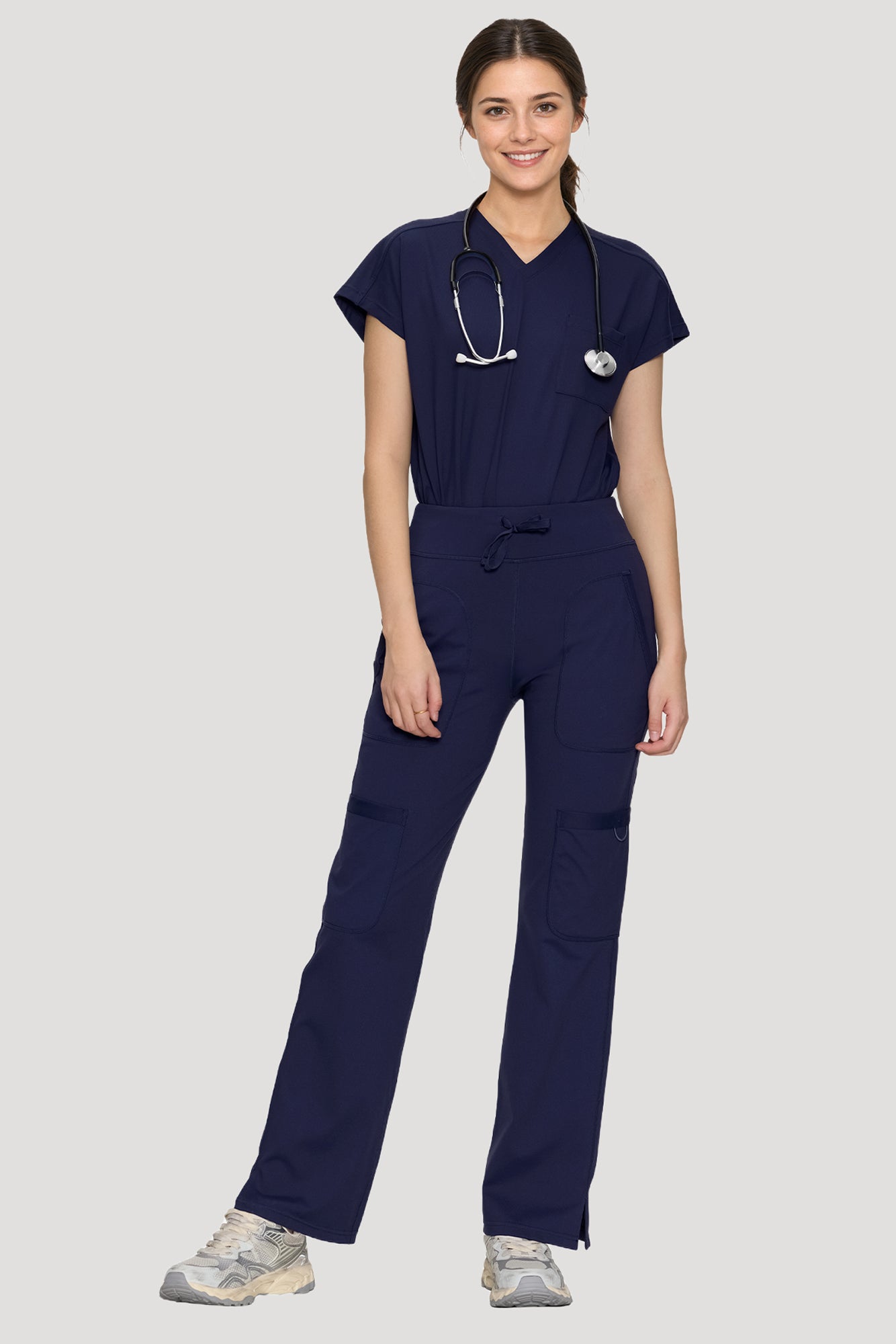 Scrubs for Women Set, V Neck Top & Straight Leg Pants | 6 Pockets, High Elastic Soft Fabric, Drop Shoulder, Slit Hem Yoga Scrub Pants for Easy Movement