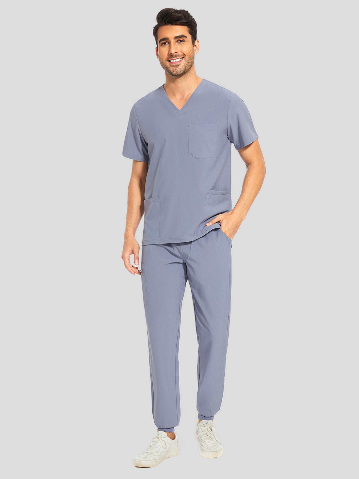 COZYFIT V-Neck Scrub Top & Jogger Pant with 8 Pockets, Yoga Waistband, Anti-Wrinkle Scrubs for Men
