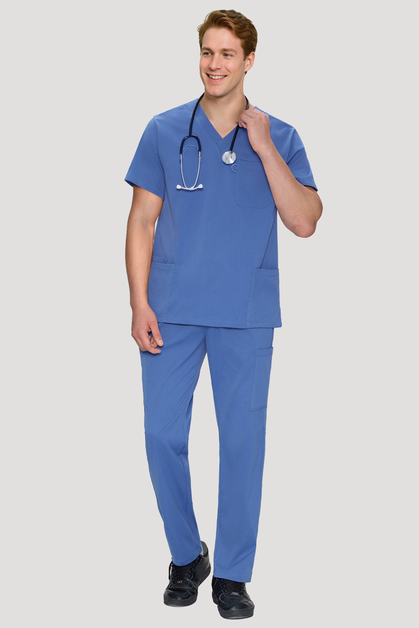 COZYFIT Scrubs for Men Set - V-Neck Scrub Top and Straight Leg Pants with 11 Pockets
