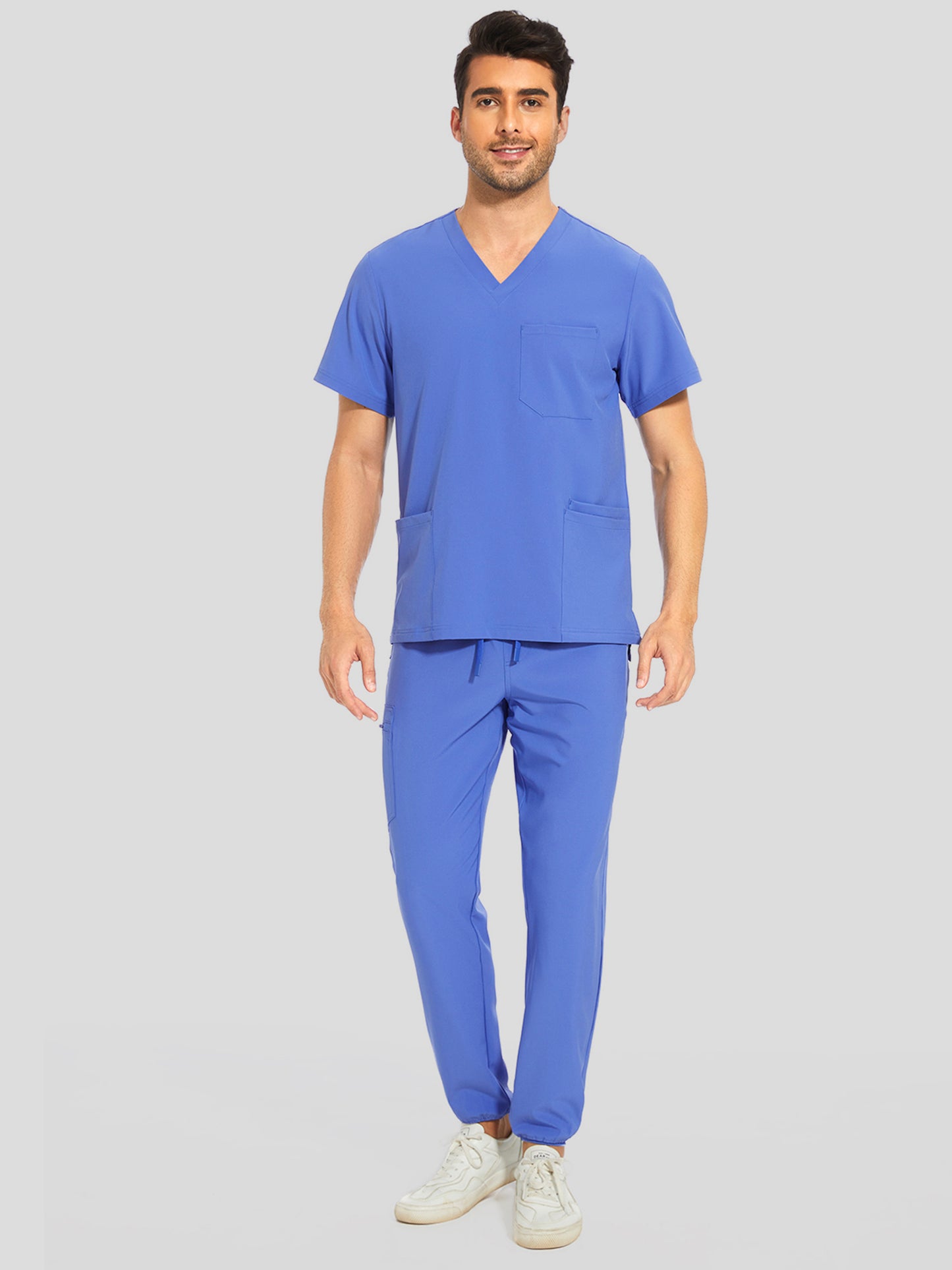 COZYFIT V-Neck Scrub Top & Jogger Pant with 8 Pockets, Yoga Waistband, Anti-Wrinkle Scrubs for Men
