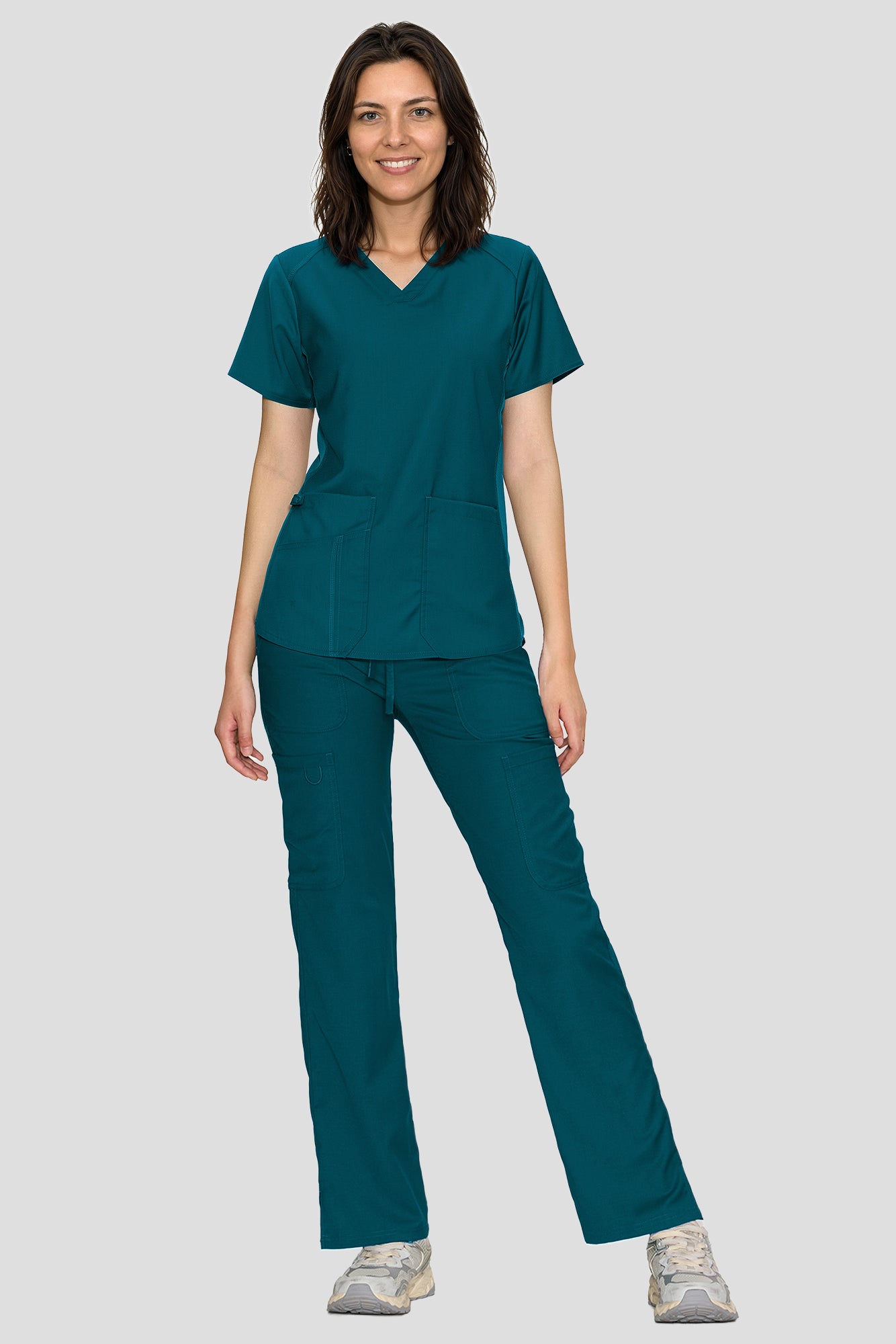 Scrubs for Women Set, V-Neck Top & Straight Leg Cargo Pants. 9 Pockets. Side Ribbed Panels, Side Slits, Ultra-Soft Stretch Fabric, Breathable Medical Uniform for Workwear