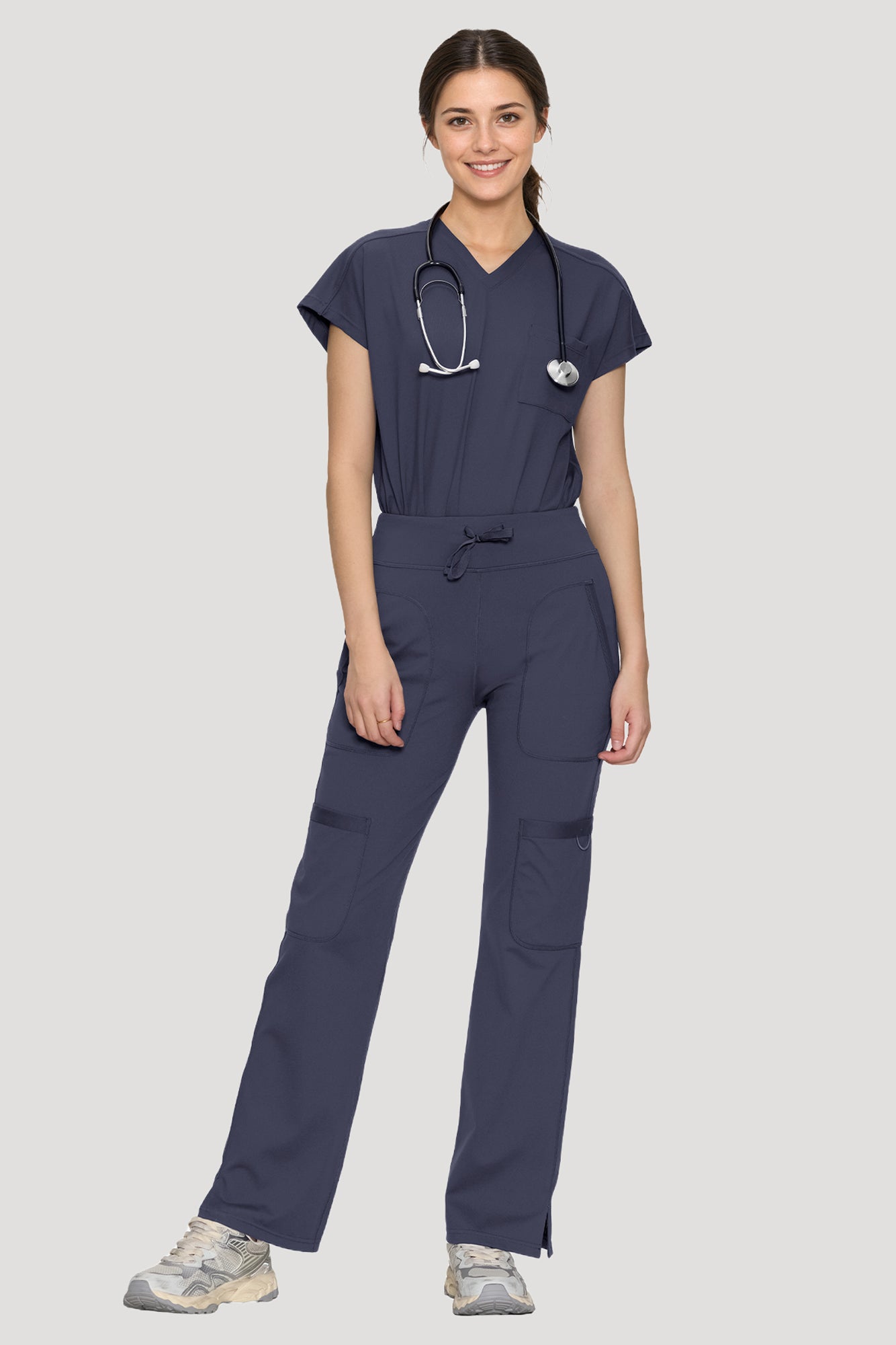 Scrubs for Women Set, V Neck Top & Straight Leg Pants | 6 Pockets, High Elastic Soft Fabric, Drop Shoulder, Slit Hem Yoga Scrub Pants for Easy Movement