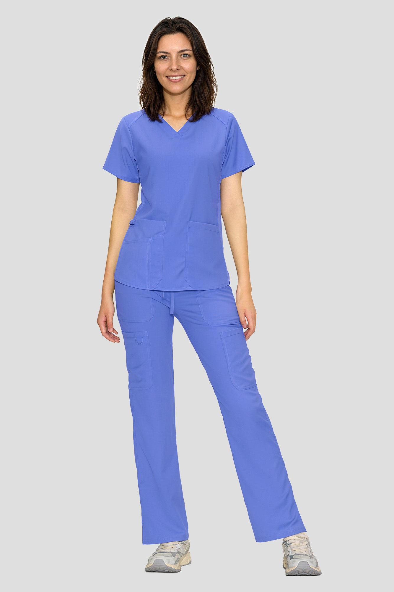 Scrubs for Women Set, V-Neck Top & Straight Leg Cargo Pants. 9 Pockets. Side Ribbed Panels, Side Slits, Ultra-Soft Stretch Fabric, Breathable Medical Uniform for Workwear