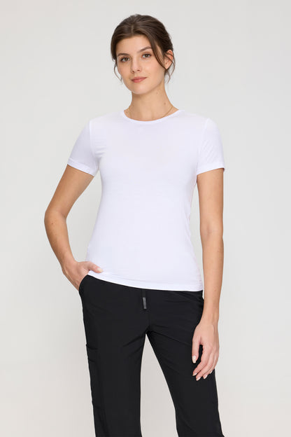 Women's Short-Sleeve Crew Neck Underscrub Tee, White, Model Front View