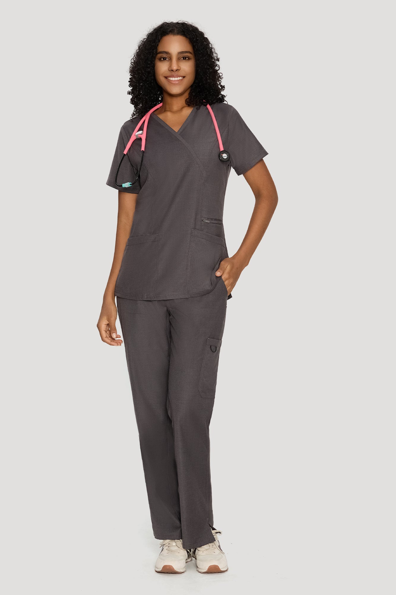 COZYFIT Mock Wrap Scrub Top & Straight Leg Pants with 6 Pockets