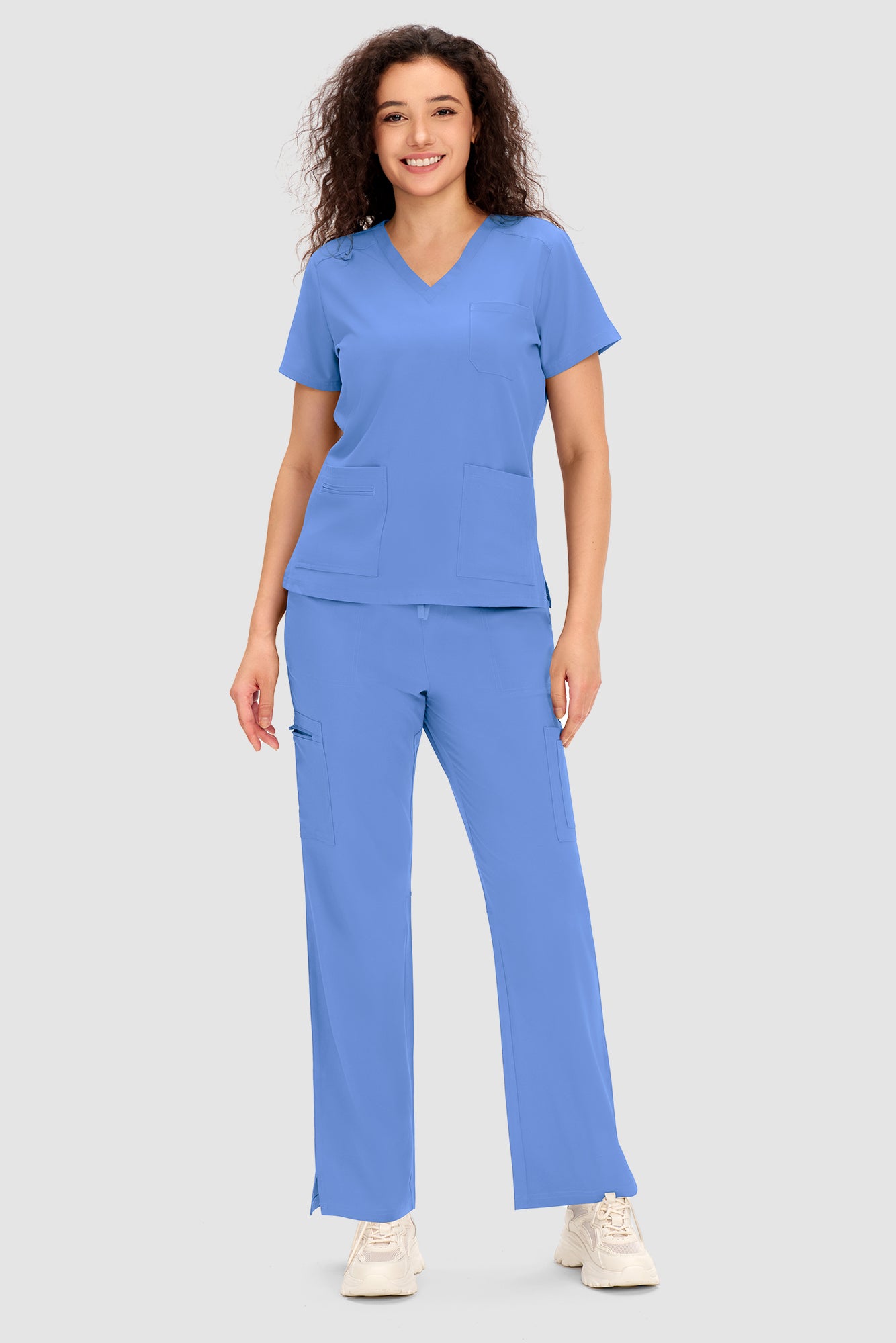 COZYFIT Scrubs for Women - V Neck Top and Bootcut Cargo Straight Pants with 12 Pockets