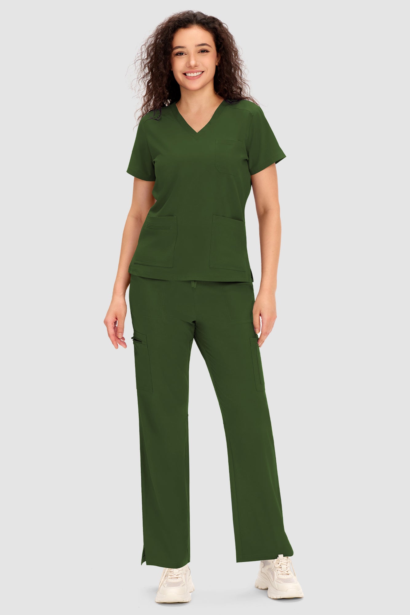 COZYFIT Scrubs for Women - V Neck Top and Bootcut Cargo Straight Pants with 12 Pockets