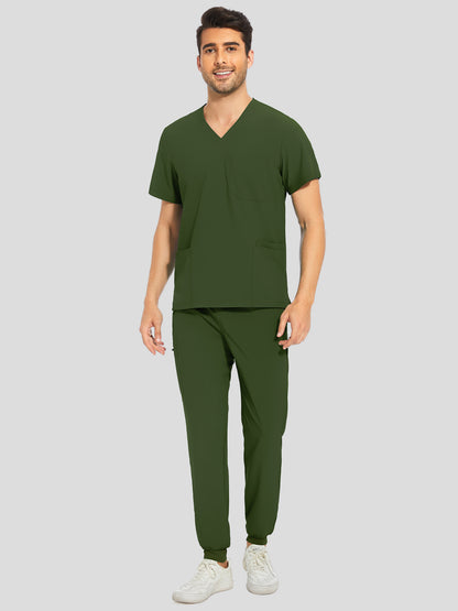 Men's 8-Pocket V-Neck Scrub Set, Army green, Full-Length Front View