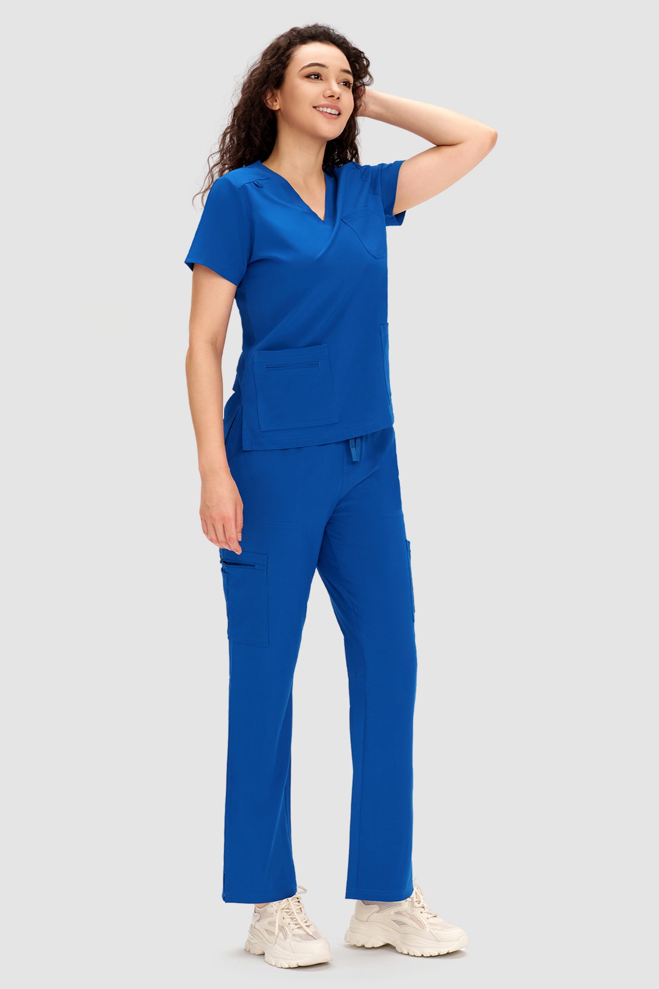 COZYFIT Scrubs for Women - V Neck Top and Bootcut Cargo Straight Pants with 12 Pockets